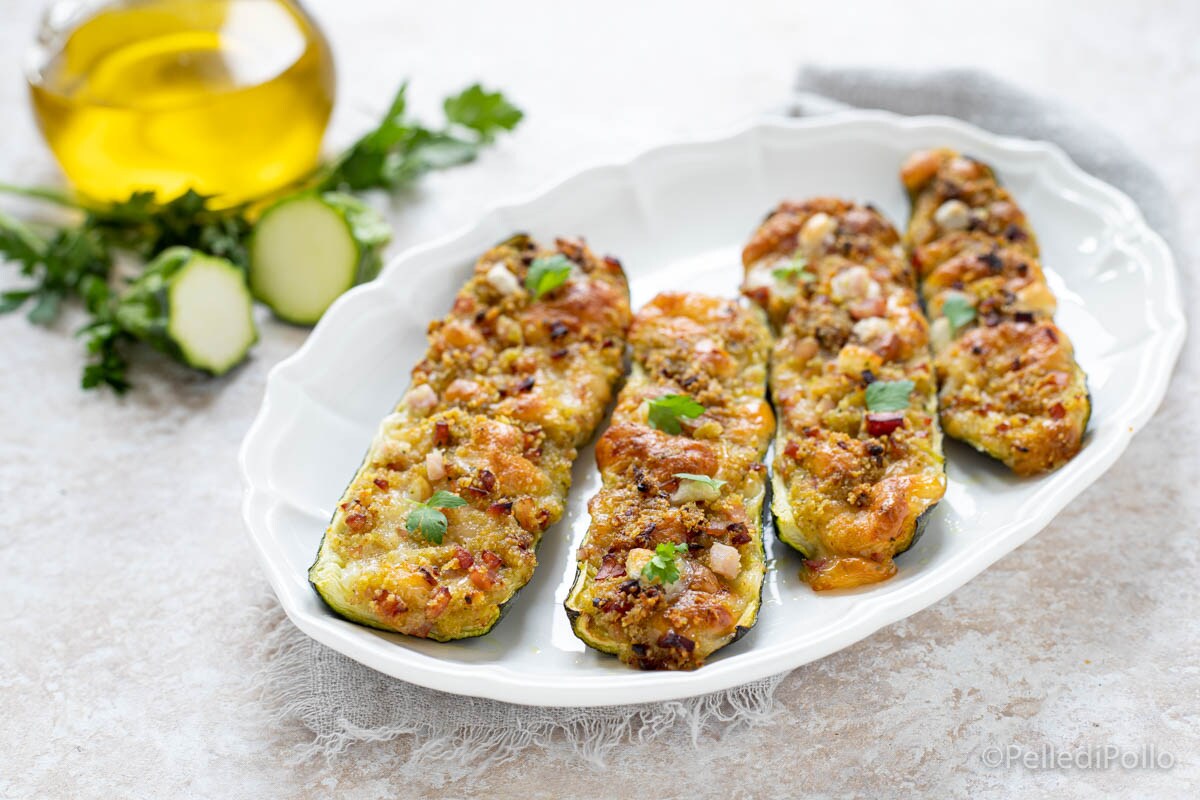 Stuffed Zucchini with Ham and Scamorza Cheese