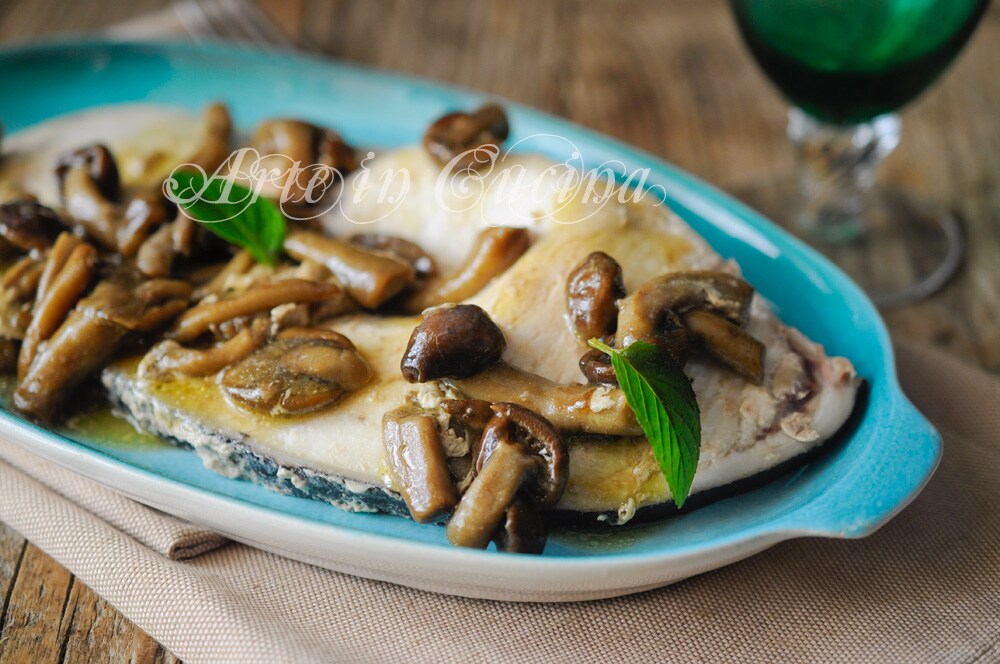 Swordfish with mushrooms in a pan quick recipe