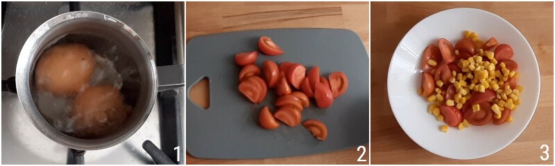 tuna and hard-boiled egg salad with corn and mayonnaise fresh summer recipe il chicco di mais 1 cut tomatoes
