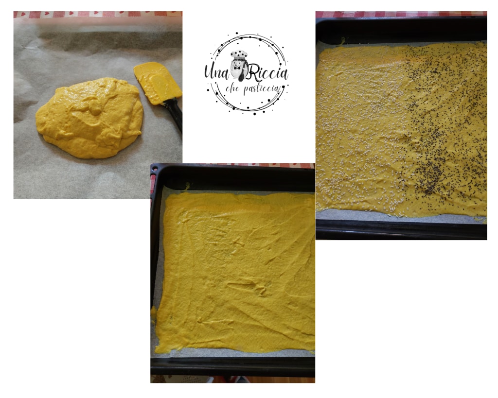 turmeric and aquafaba crackers spreading and seeds