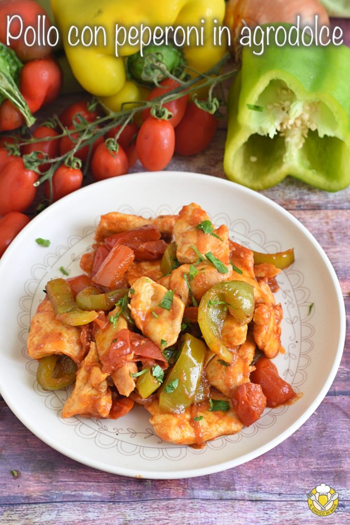 v_ chicken breast with sweet and sour peppers recipe chicken stew in a pan with cherry tomatoes and peppers il chicco di mais
