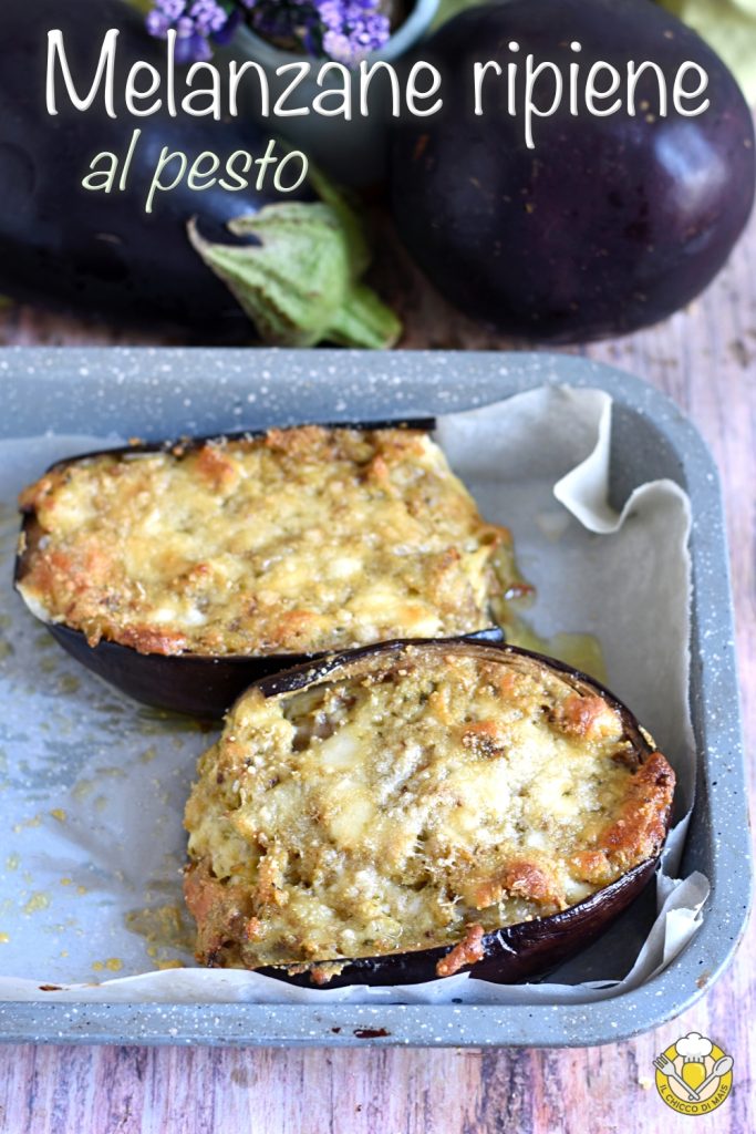 v_ pesto-stuffed eggplants, easy oven recipe with mozzarella or scamorza cheese by il chicco di mais