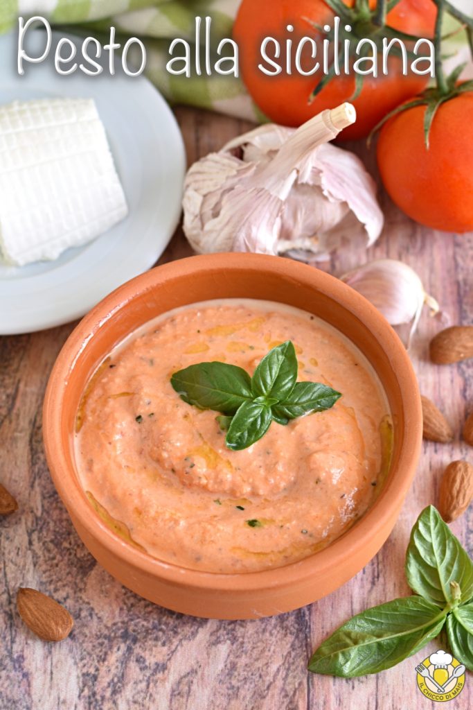 v_ Sicilian pesto with ricotta for pasta quick recipe Catanese red pesto with almonds tomato basil ricotta il chicco di mais