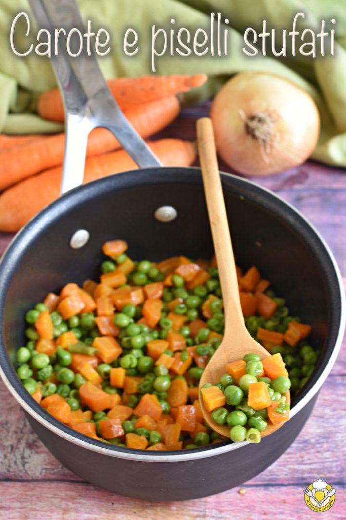 v_ stewed carrots and peas in a pan with butter and onion quick tasty side dish il chicco di mais
