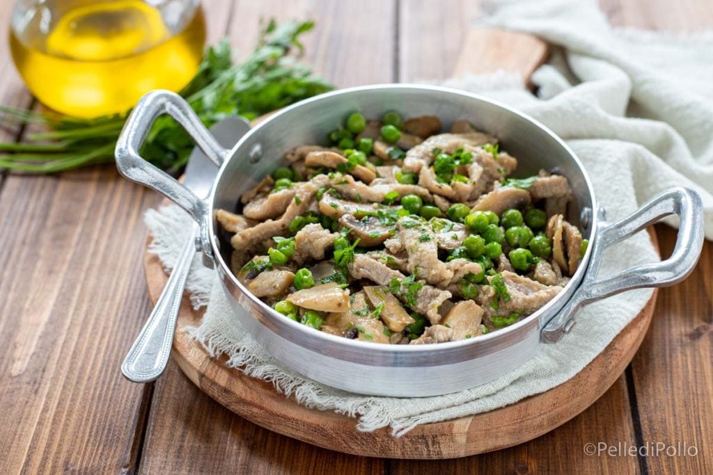 veal strips with mushrooms and peas