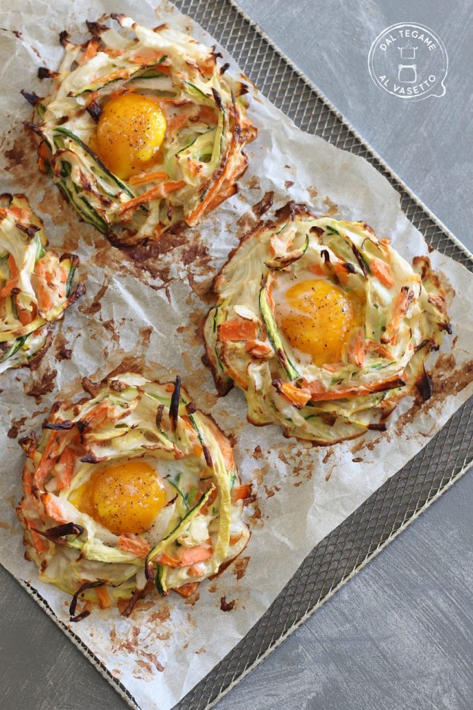julienne vegetables made into a nest with eggs cooked in air fryer