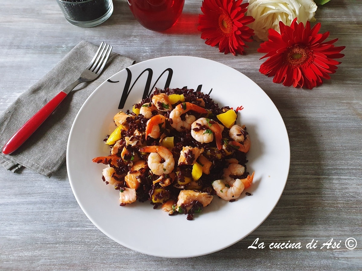 Venere Rice with Shrimp, Mango, and Grilled Salmon