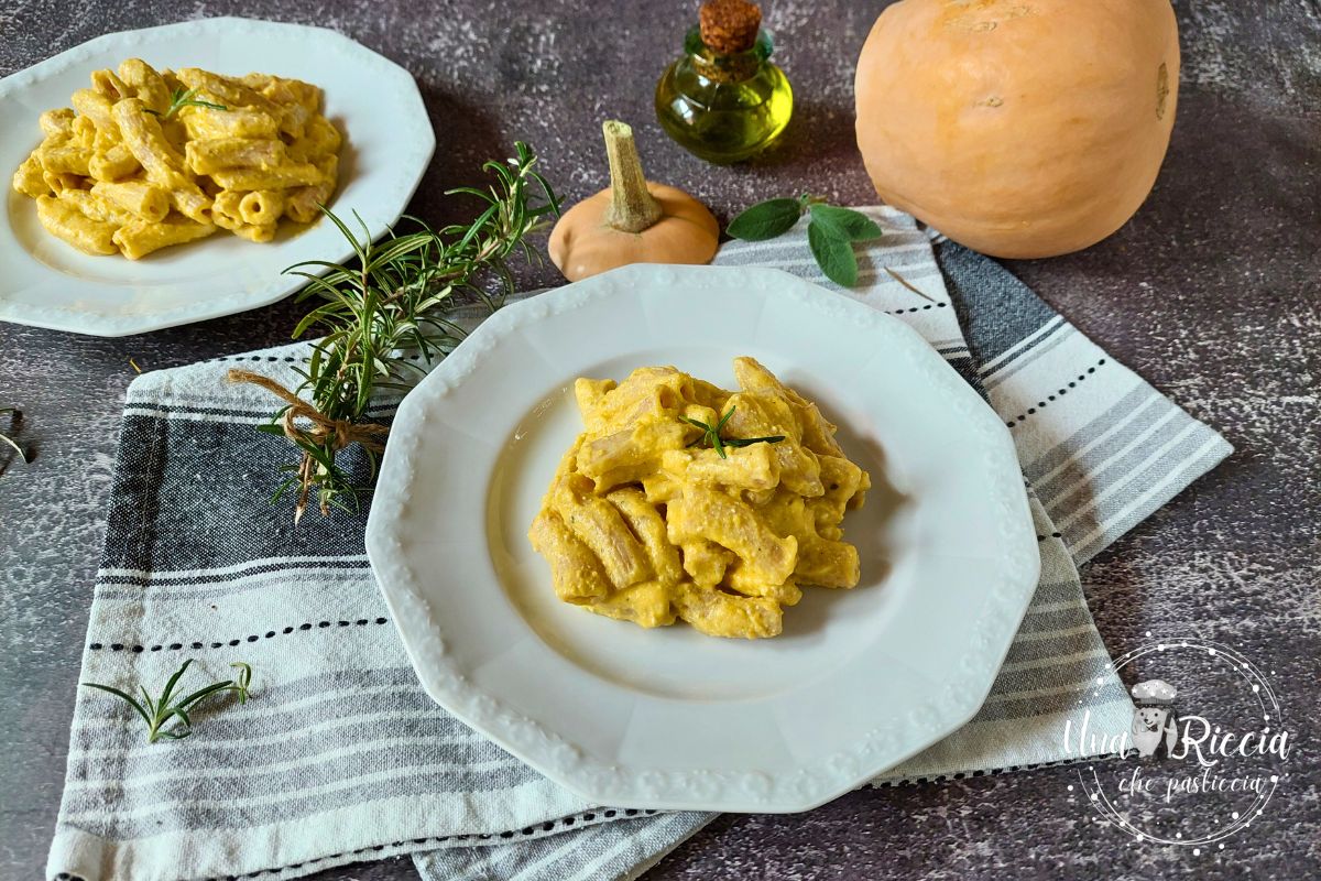 Whole Wheat Pasta with Pumpkin and Feta. Autumn Recipe with Pasta Maker