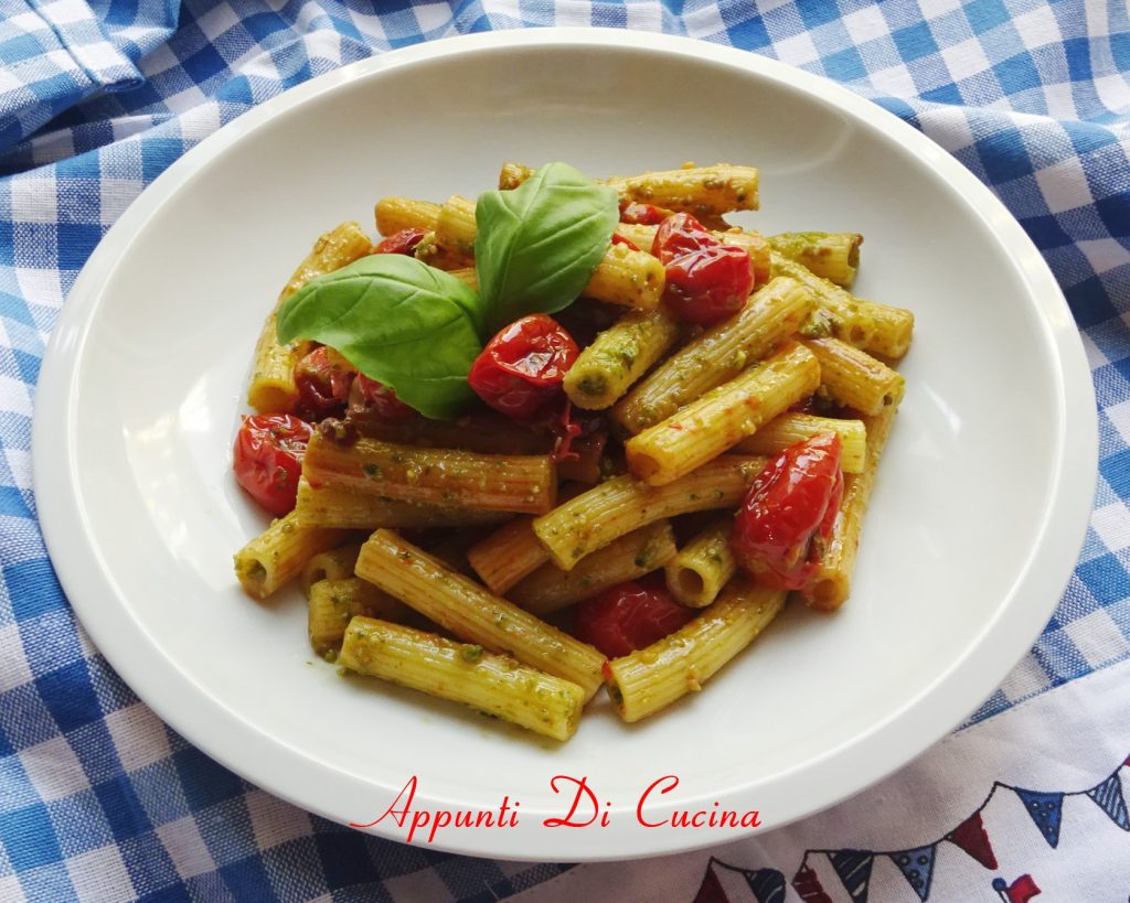 Sedani with baked cherry tomatoes and pesto