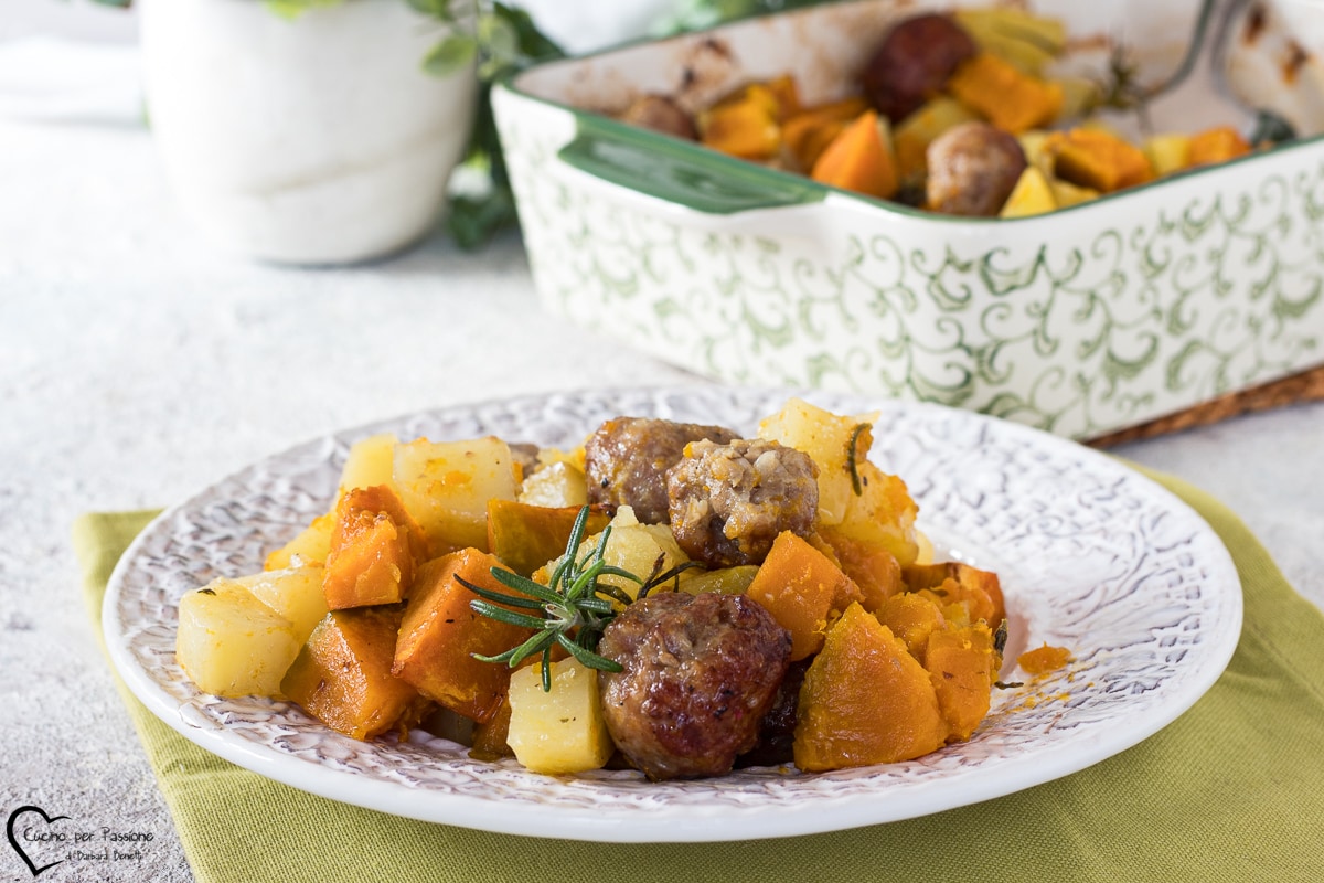 BAKED PUMPKIN, POTATOES AND SAUSAGE