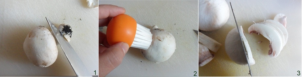 cleaning mushrooms to prepare mezze maniche boscaiola with sausage