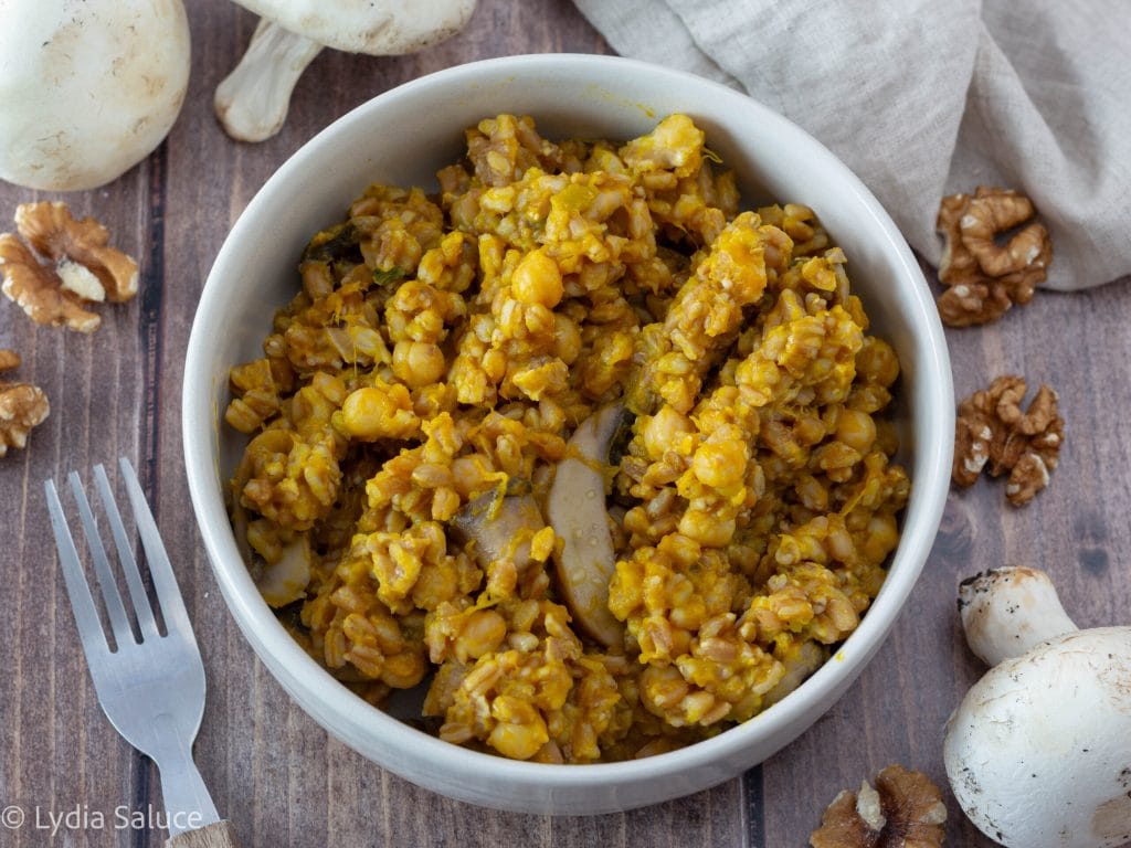 Farro with Pumpkin, Mushrooms, and Chickpeas