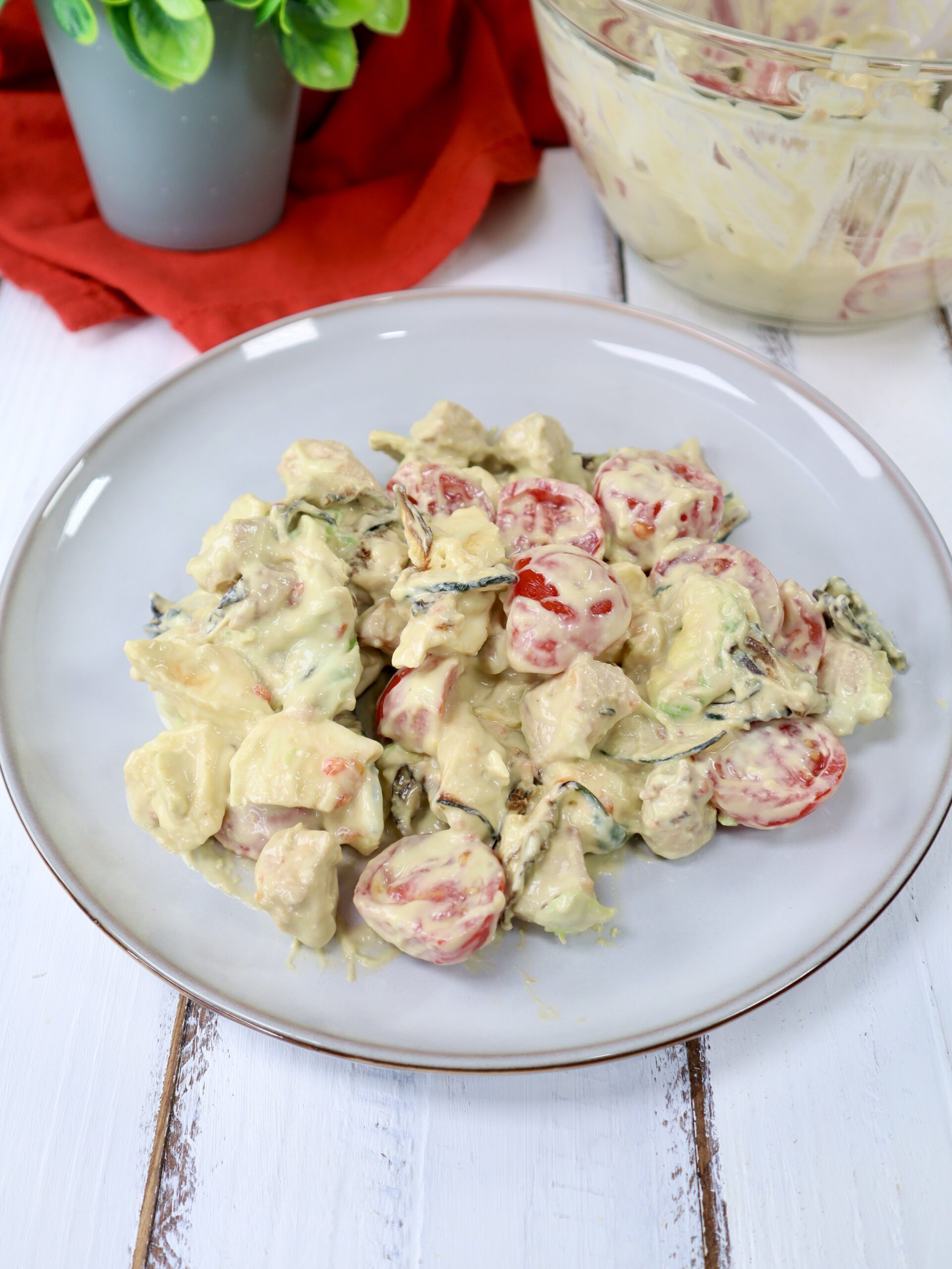 Creamy Salad with Zucchini, Chicken and Avocado Cream