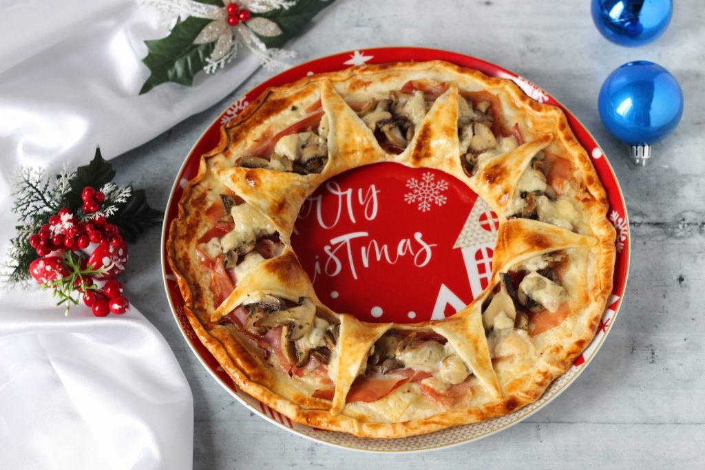 edamer, speck, and mushroom brisèe crown