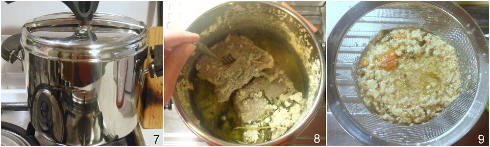 filtering the cooking juices of the milk-braised loin cooked in a pressure cooker