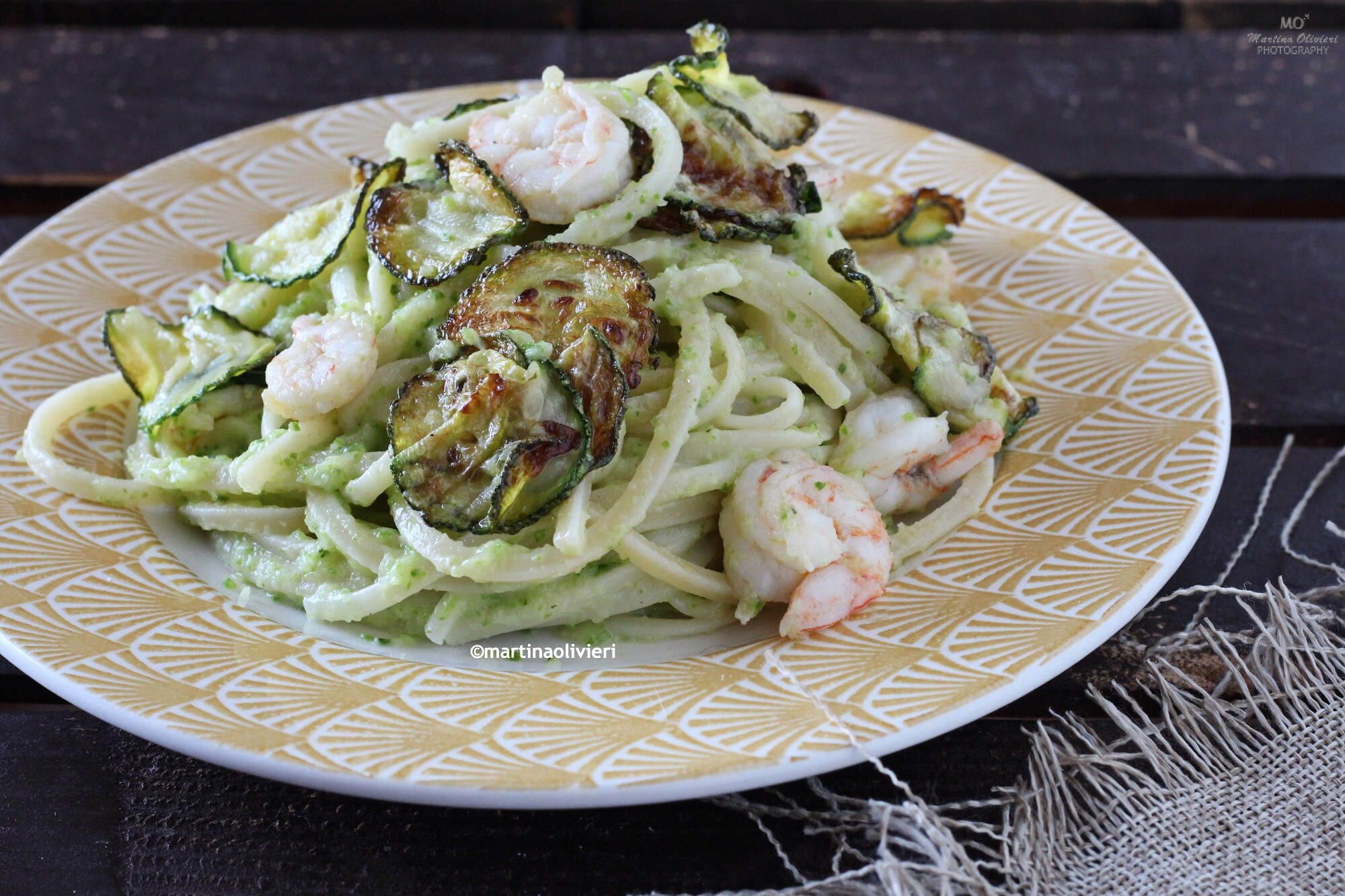 Pasta with Zucchini Cream, Shrimp, and Zucchini Chips