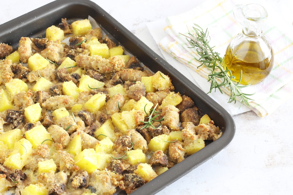 Sausage with Mushrooms and Oven-Baked Au Gratin Potatoes