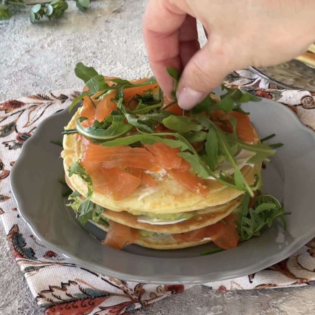Savory pancakes with salmon and avocado