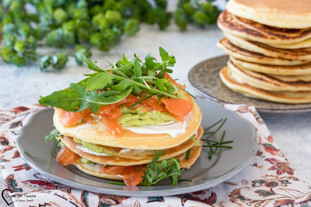 Savory pancakes with salmon and avocado