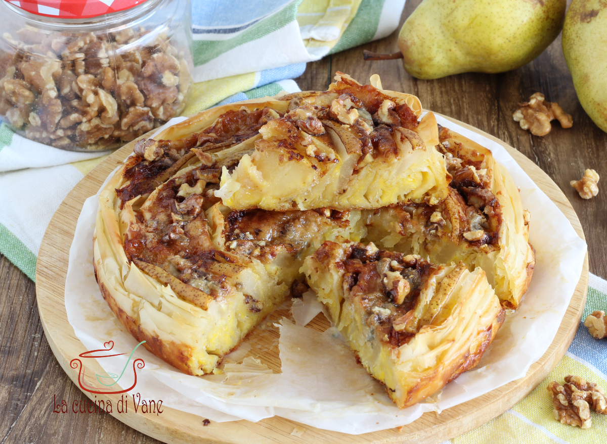 SAVORY PIE WITH PHYLLO DOUGH GORGONZOLA PEARS AND WALNUTS