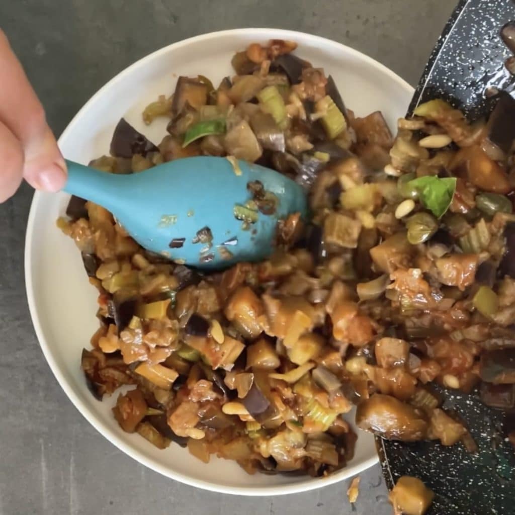 Venetian style eggplants in pan, pan-fried eggplants