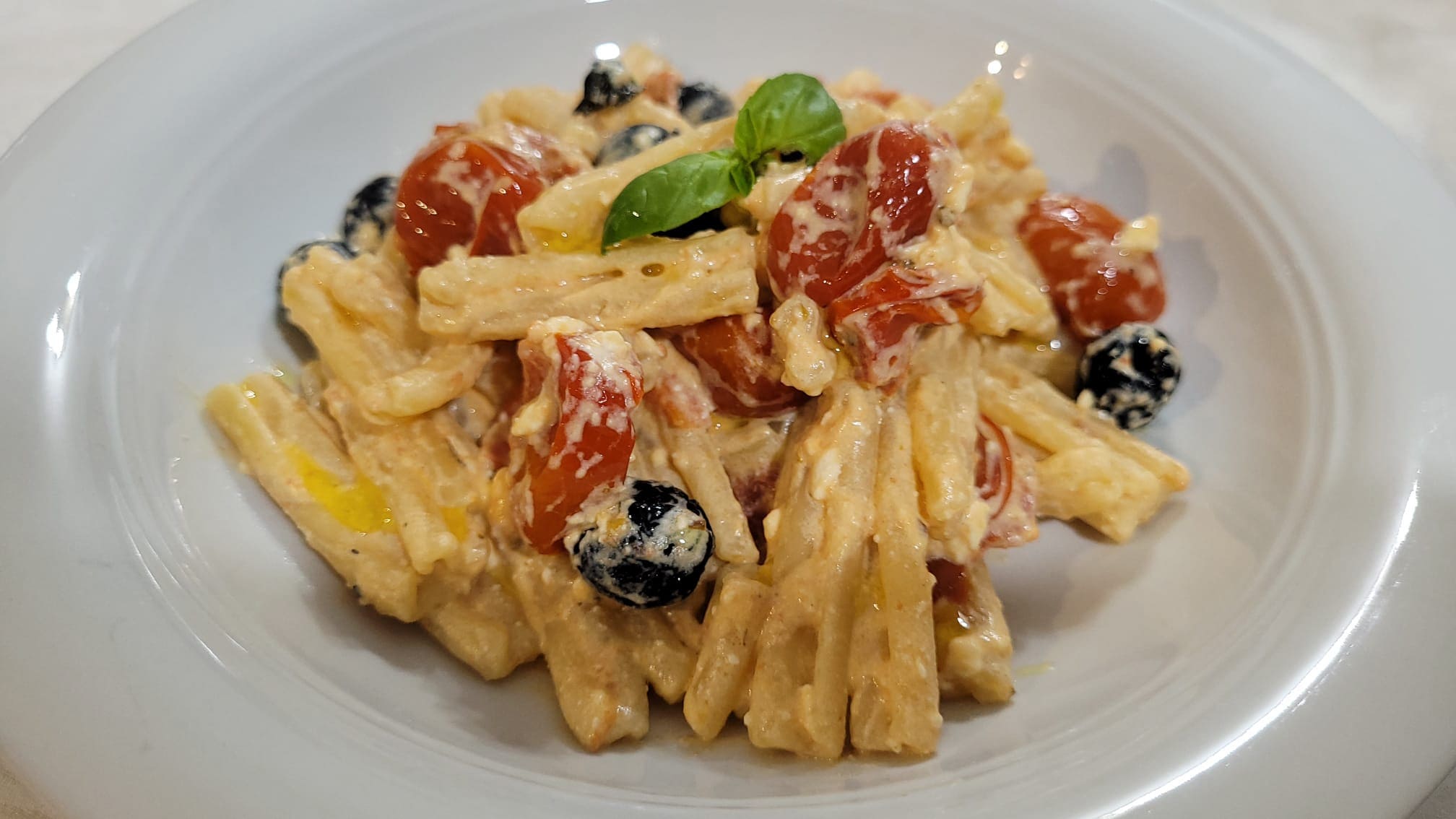 Casarecce with Feta, Cherry Tomatoes, and Olives in an Air Fryer