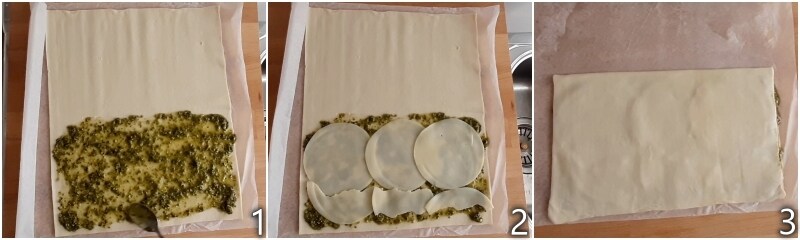 a. fill the rectangular puff pastry with pesto and sliced scamorza