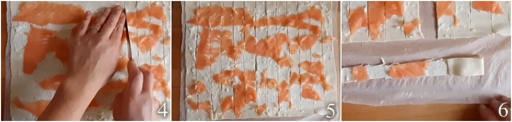 b. cut the rectangular puff pastry into strips approximately 0.5 inch wide