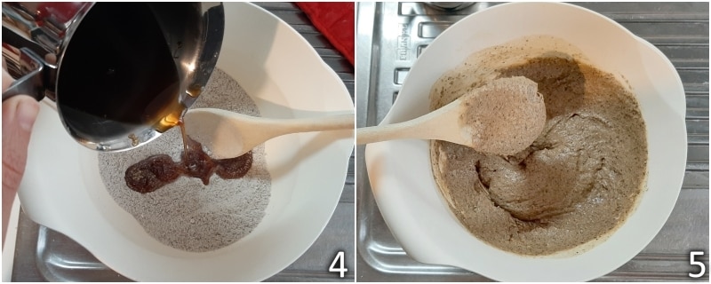 b. pour the honey dissolved in water into the bowl with the flour