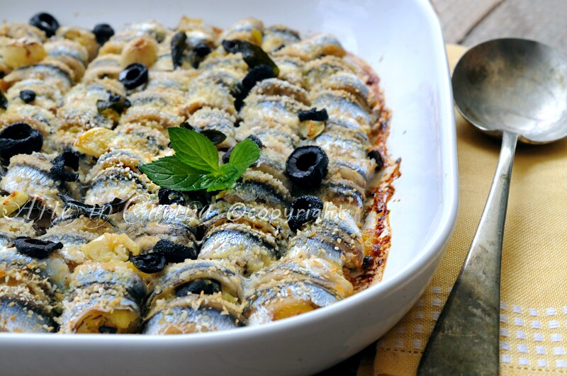 Baked Anchovy Rolls with Potatoes and Olives