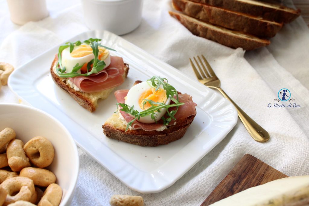 crostini with prosciutto, hard-boiled egg, and ricotta