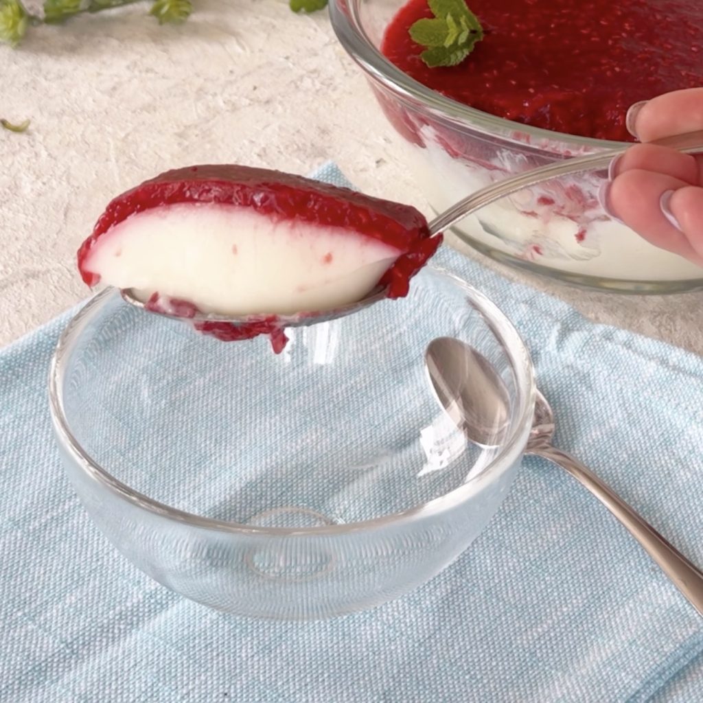 milk pudding with raspberry sauce