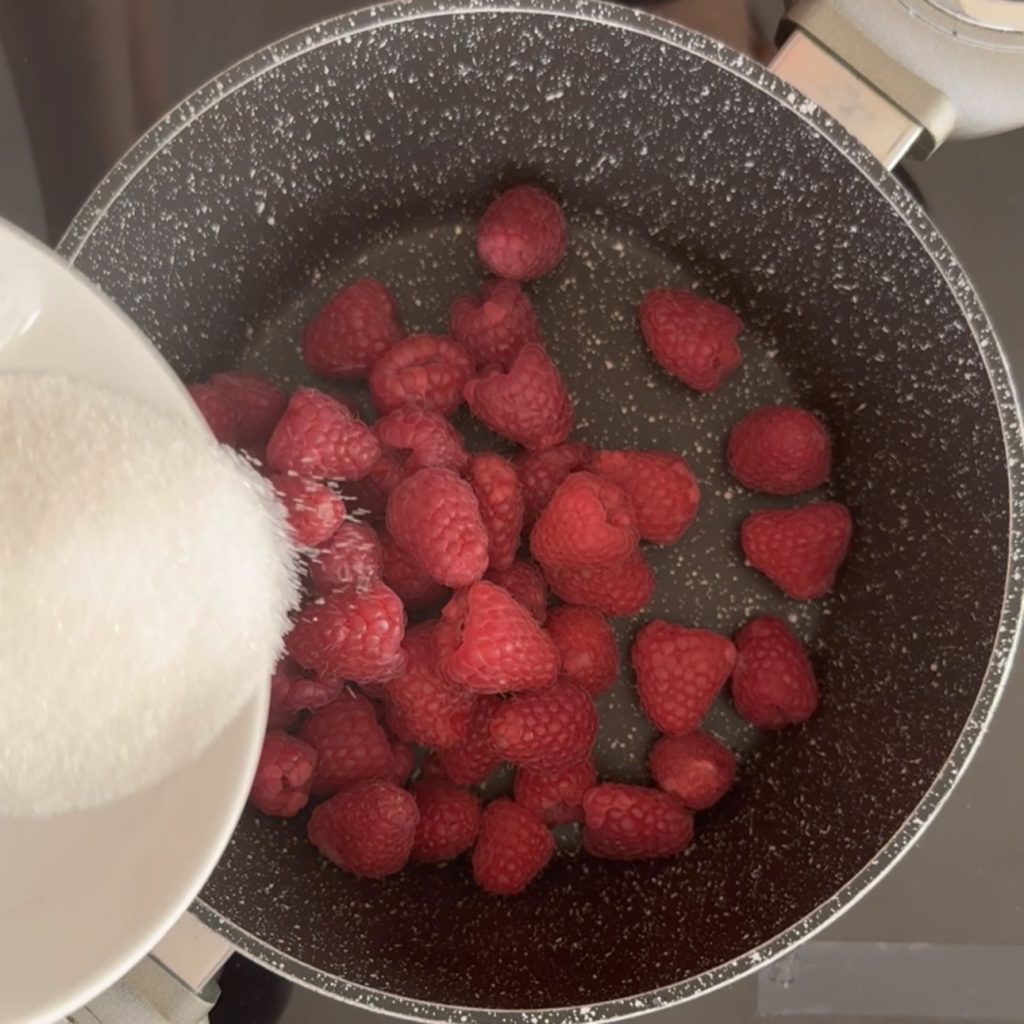 milk pudding with raspberry sauce