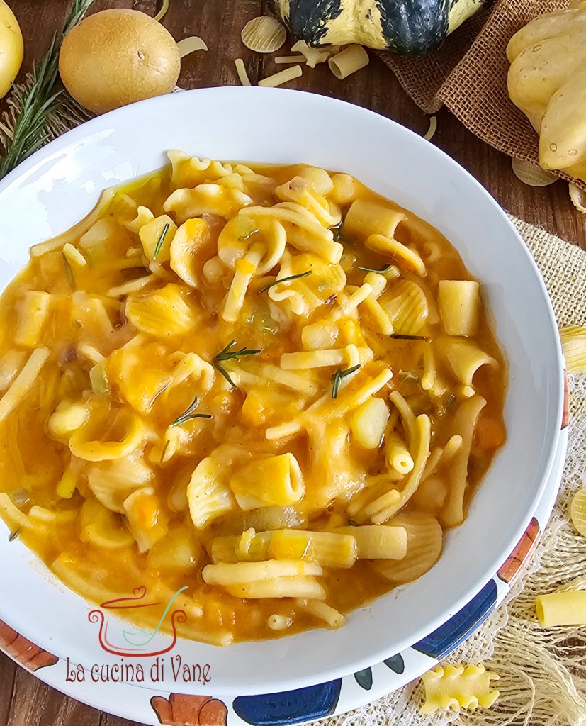 Neapolitan pasta and potato soup with pumpkin and provola