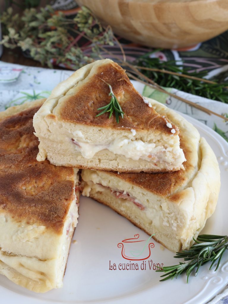 pan frying focaccia with ham and stracchino