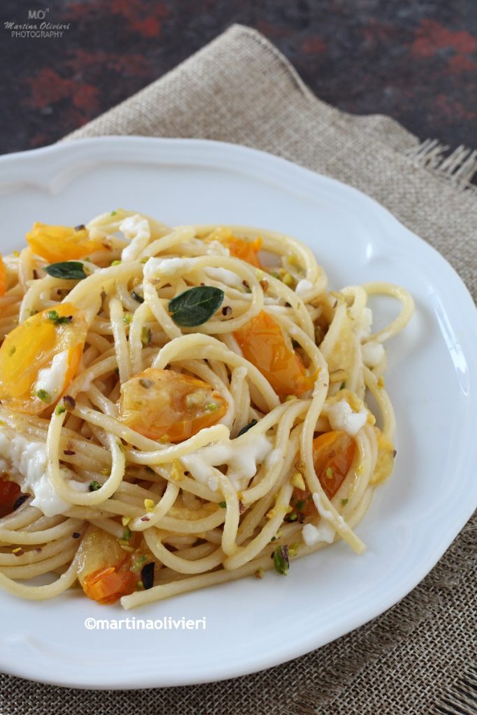 Pasta with Yellow Cherry Tomatoes, Pecorino and Pistachios