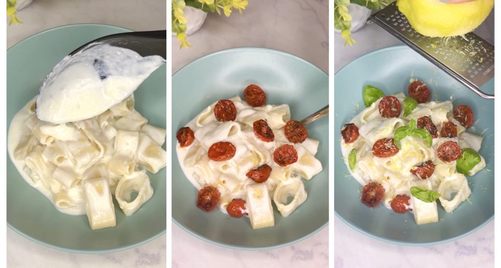 Pasta with Ricotta Cream, Lemon, and Air Fryer Confit Cherry Tomatoes