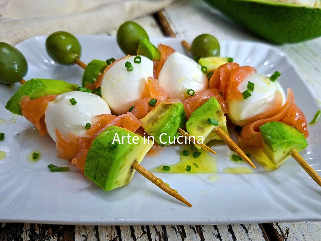 SALMON, MOZZARELLA, and AVOCADO SKEWERS