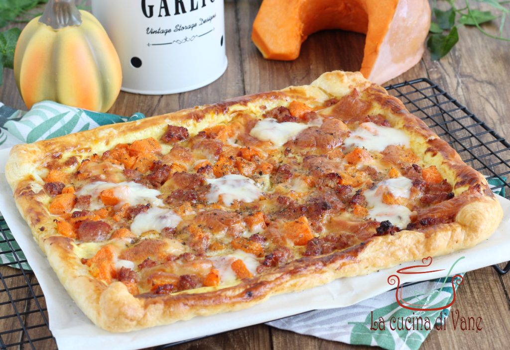 savory pie with pumpkin, sausage, and scamorza