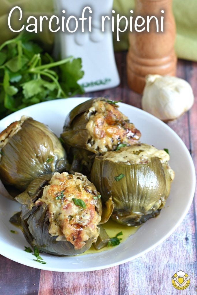 v_ stuffed artichokes in a pan with breadcrumbs bacon cheese tasty recipe il chicco di mais