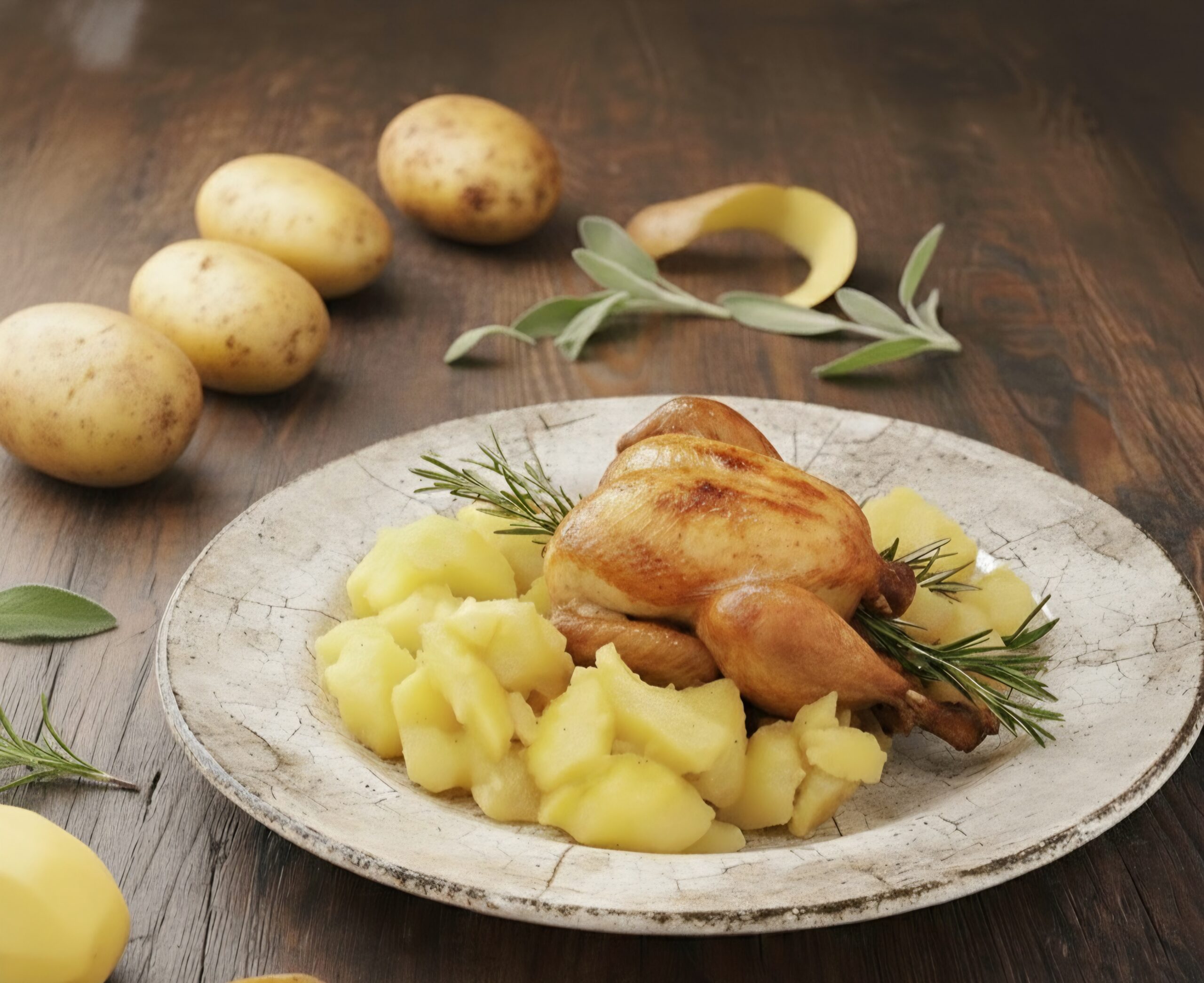 Whole roasted chicken with potatoes