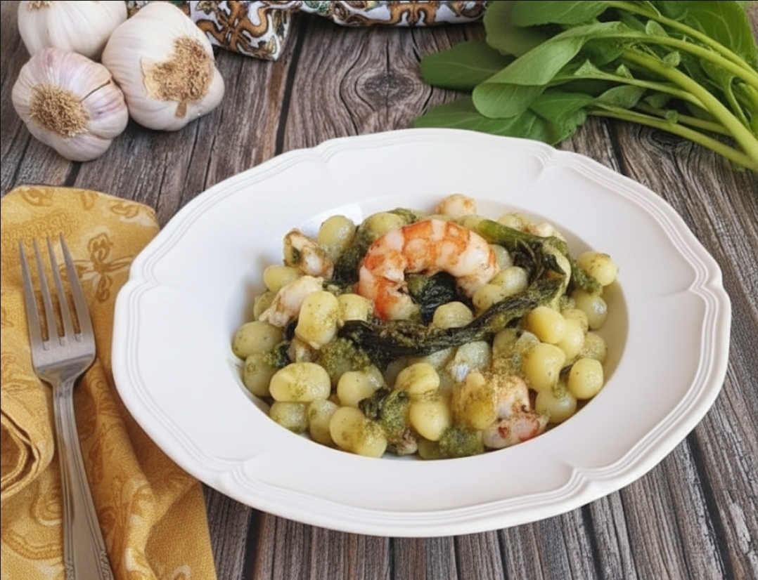 Gnocchetti with Prawns and Turnip Greens