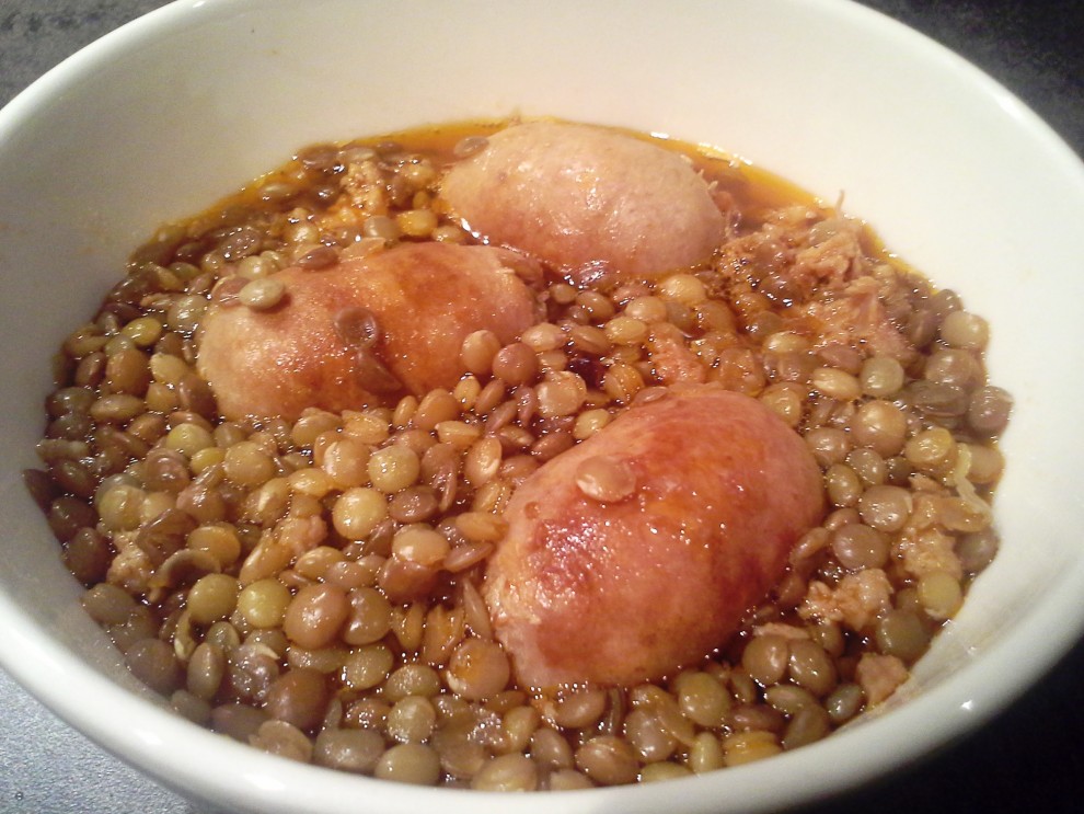 boiled sausage with lentils