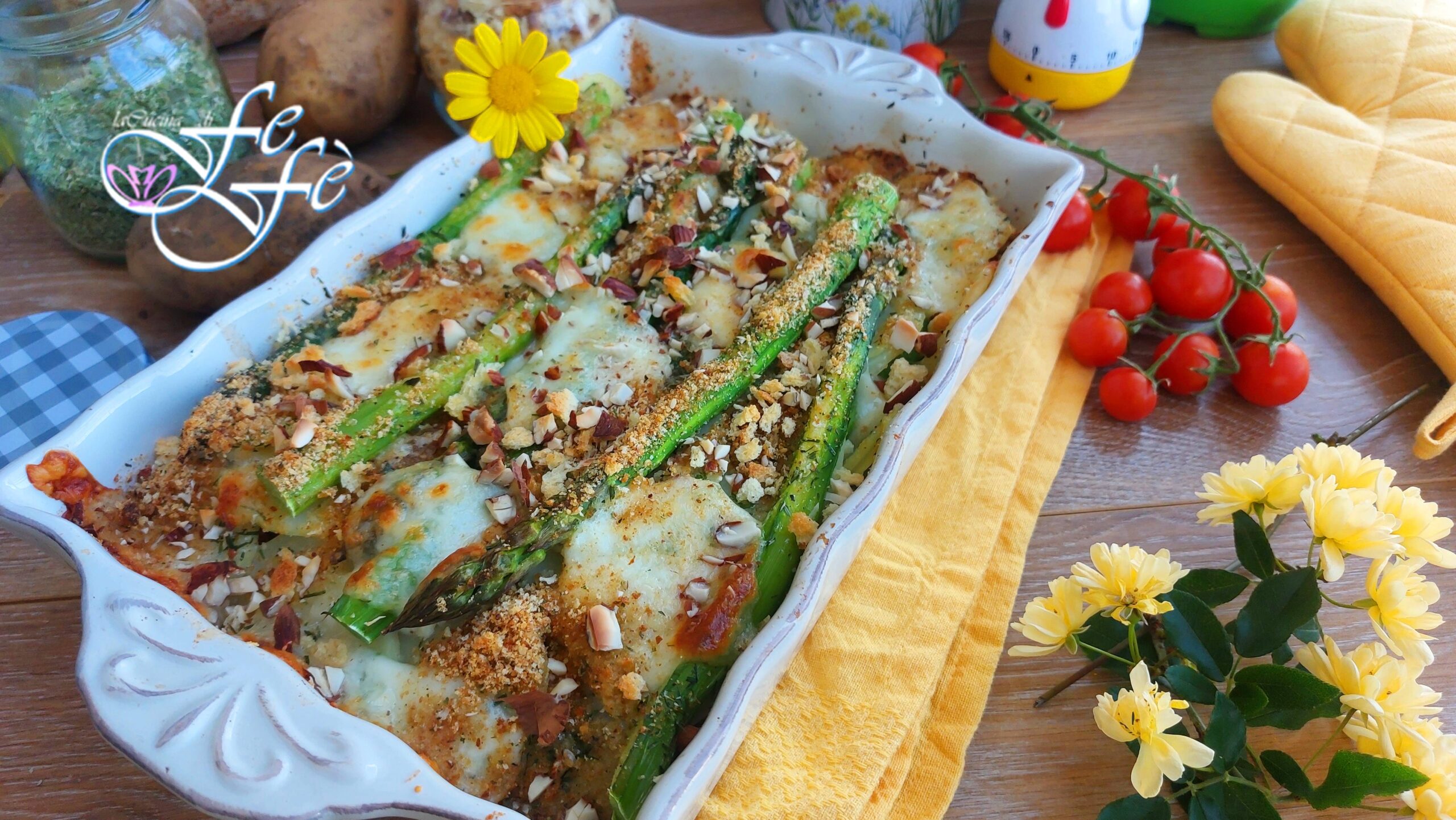 POTATOES, CHERRY TOMATOES AND ASPARAGUS GRATIN WITH SICILIAN ALMONDS