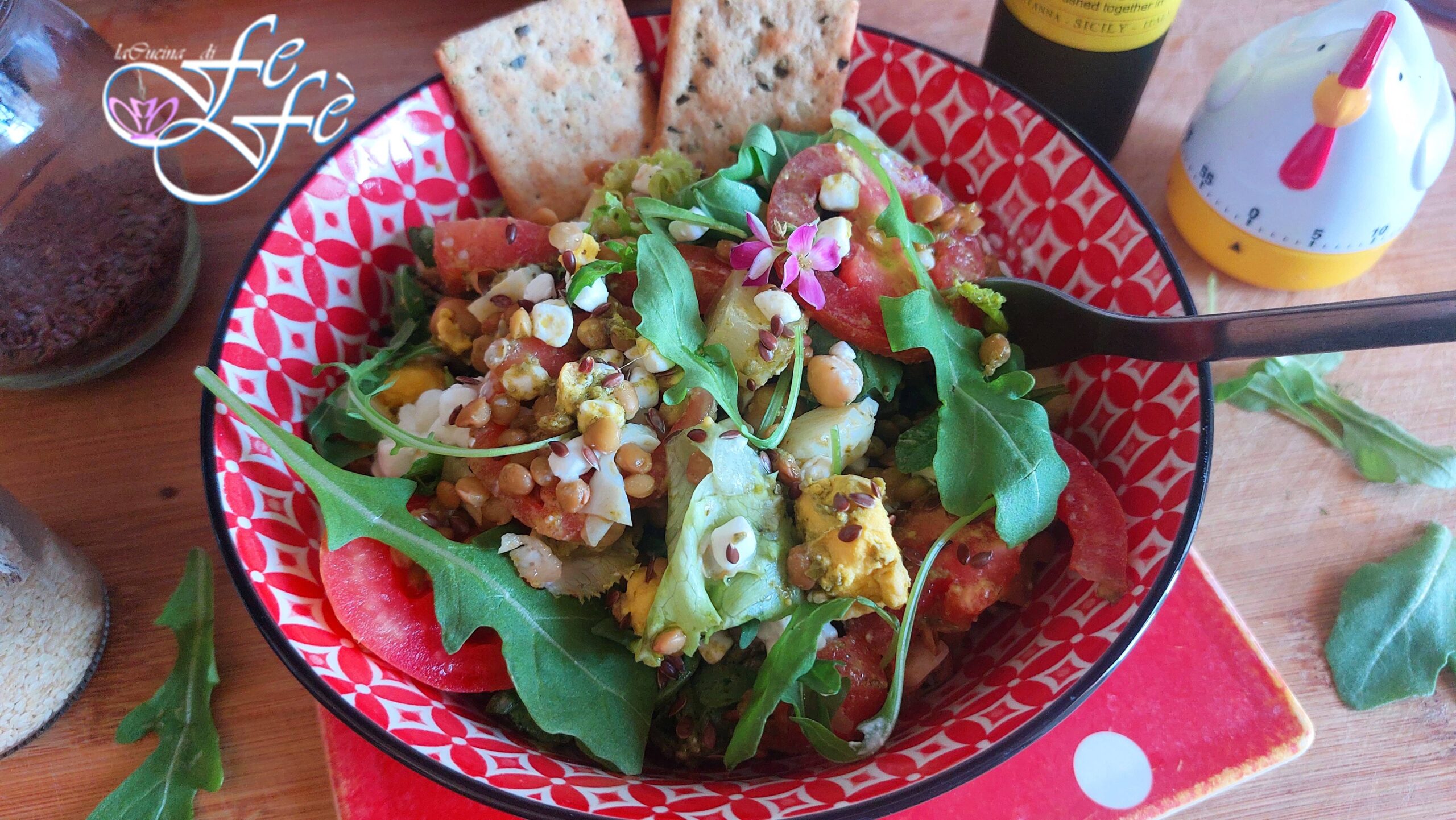 LENTIL AND CHICKPEA SALAD WITH ARUGULA PESTO AND COTTAGE CHEESE