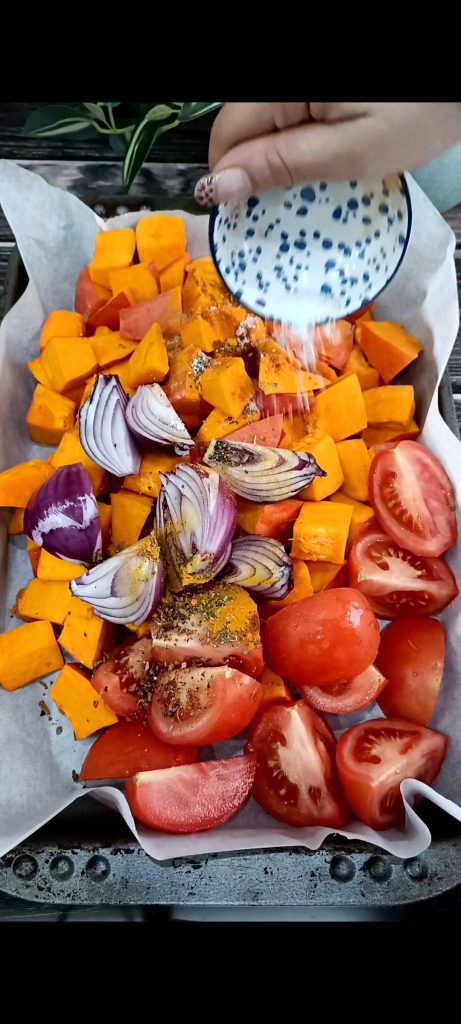 We cook the vegetables in the oven