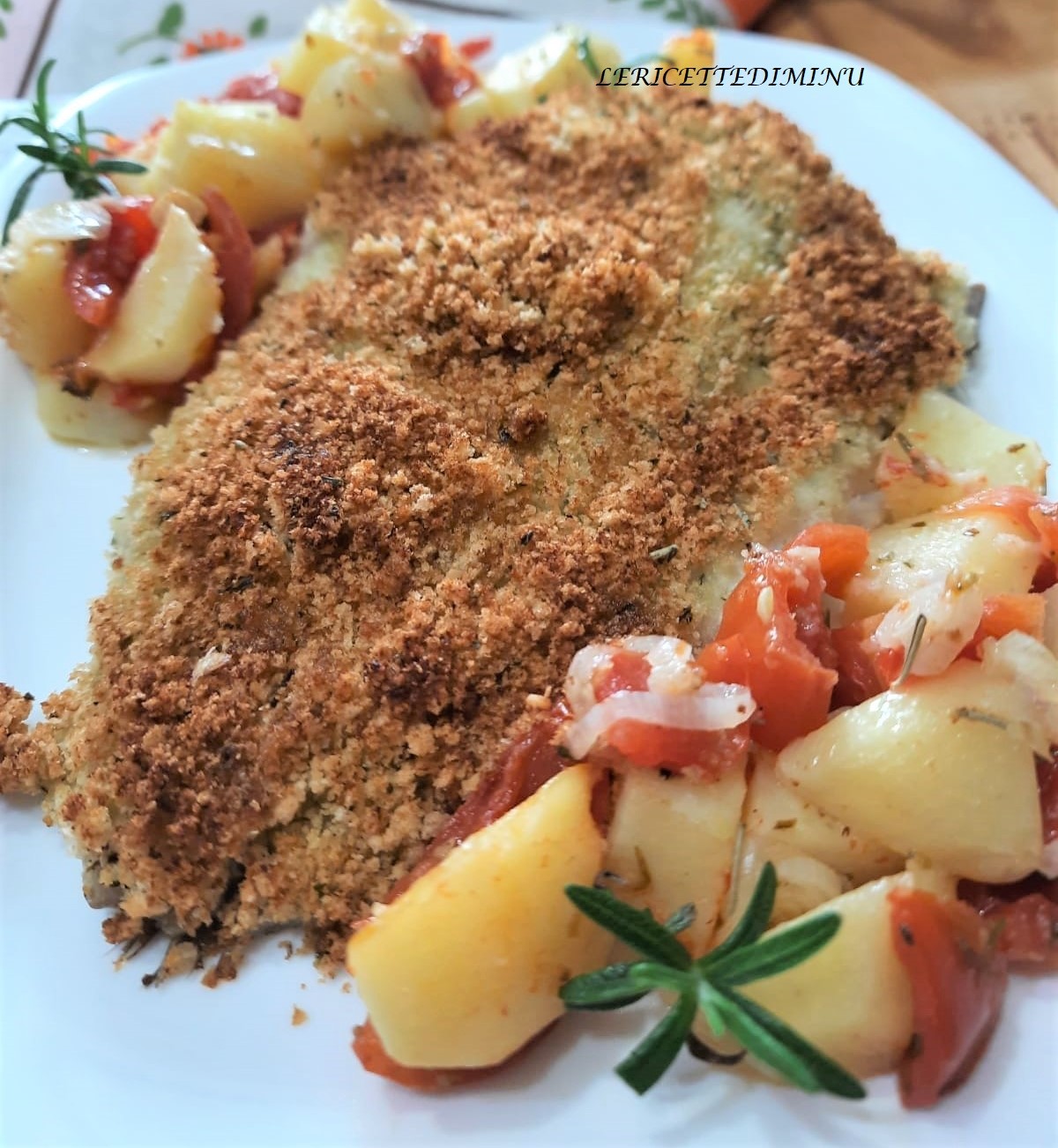 Baked Breaded Cod with Potatoes and Cherry Tomatoes