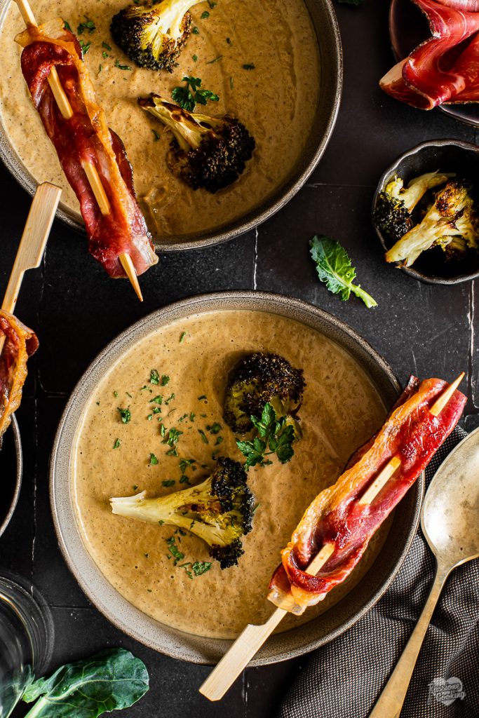 Baked Broccoli Cream with South Tyrol PGI Speck Skewers