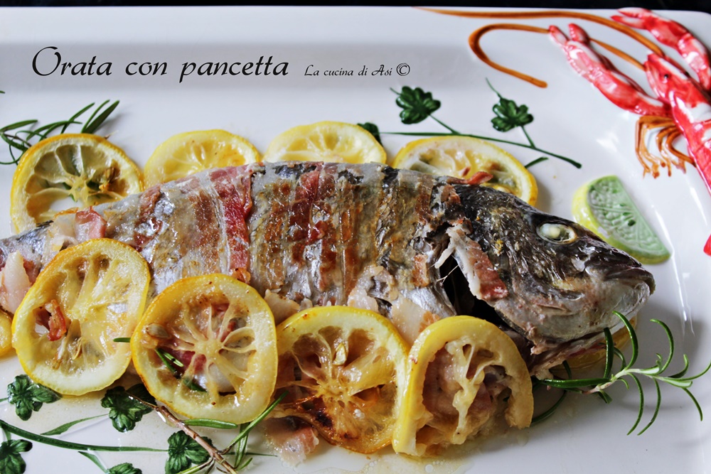 Baked sea bream with bacon