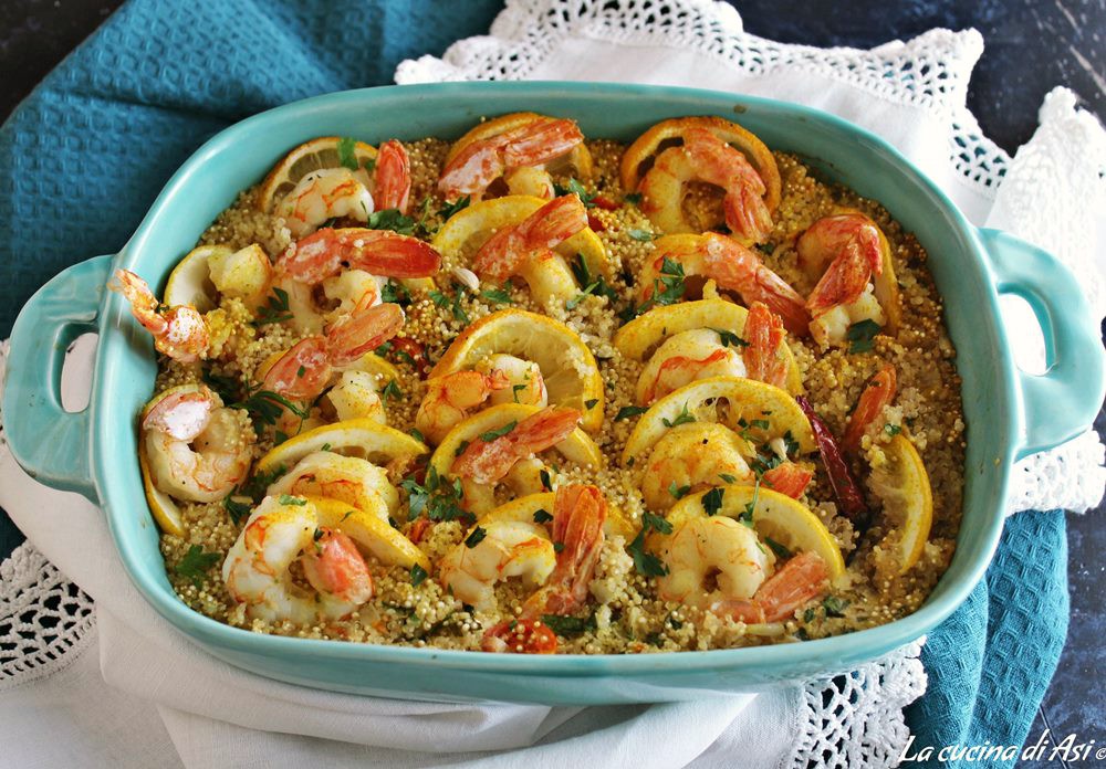 BAKING DISH of quinoa and shrimp